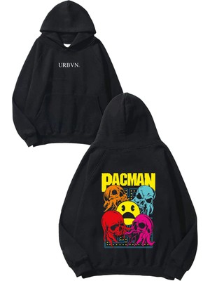 Urbvn Pacman Renkli Tasarım Baskılı Oversize Siyah Kapüşonlu Sweatshirt