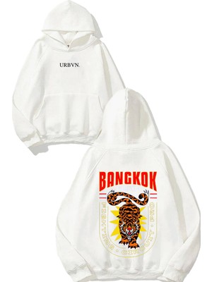 Urbvn Bangkok Tiger Tasarım Baskılı Oversize Beyaz Kapüşonlu Sweatshirt
