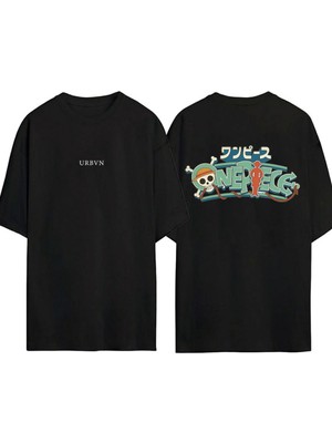 Urbvn One Piece 8 Tasarım Baskılı Siyah Oversize T Shirt