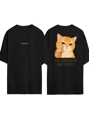 Urbvn Celebrate Tasarım Baskılı Siyah Oversize T Shirt