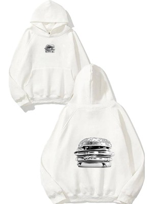 Urbvn Metalic Hamburger Tasarım Baskılı Oversize Beyaz Kapüşonlu Sweatshirt