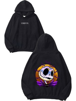 Urbvn Tim Burton Tasarım Baskılı Oversize Siyah Kapüşonlu Sweatshirt