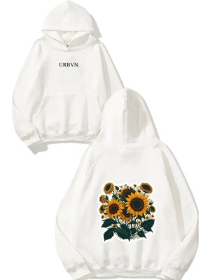 Urbvn Ayçiçekleri Tasarım Baskılı Oversize Beyaz Kapüşonlu Sweatshirt