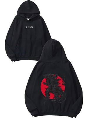 Urbvn Godzilla Tasarım Baskılı Oversize Siyah Kapüşonlu Sweatshirt