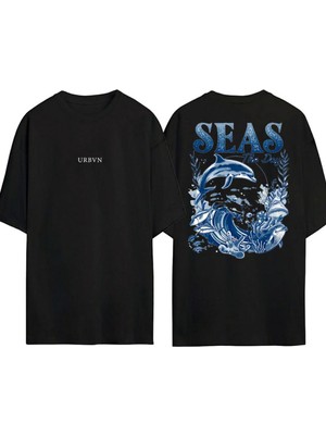 Urbvn Seas Day Tasarım Baskılı Siyah Oversize T Shirt
