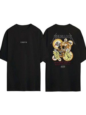 Urbvn Metallica Skull Eyes Tasarım Baskılı Siyah Oversize T Shirt