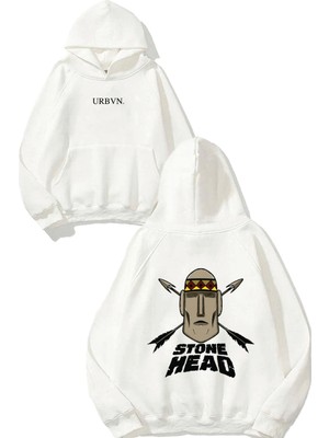 Urbvn Stone Head Tasarım Baskılı Oversize Beyaz Kapüşonlu Sweatshirt