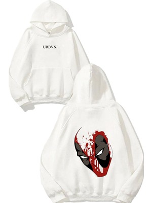 Urbvn Deadpool Mask Tasarım Baskılı Oversize Beyaz Kapüşonlu Sweatshirt