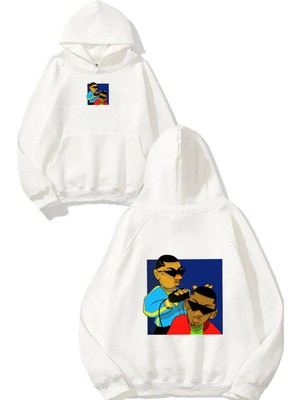 Urbvn Barber Boy Tasarım Baskılı Oversize Beyaz Kapüşonlu Sweatshirt