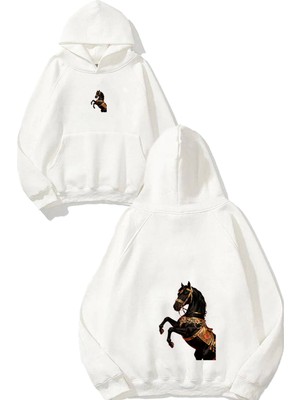 Urbvn Horse Gold Tasarım Baskılı Oversize Beyaz Kapüşonlu Sweatshirt