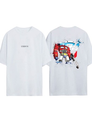 Urbvn Transformers 3 Tasarım Baskılı Beyaz Oversize T-Shirt