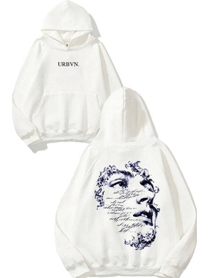 Urbvn Writing Tasarım Baskılı Oversize Beyaz Kapüşonlu Sweatshirt