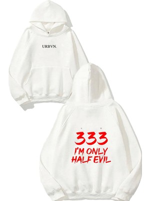 Urbvn Half Evil Tasarım Baskılı Oversize Beyaz Kapüşonlu Sweatshirt