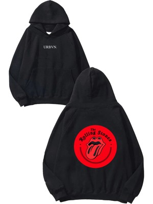 Urbvn The Rolling Stones Tasarım Baskılı Oversize Siyah Kapüşonlu Sweatshirt