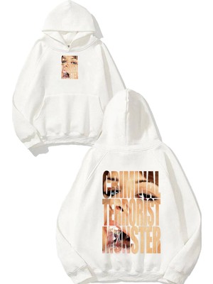 Urbvn Criminal Monster Tasarım Baskılı Oversize Beyaz Kapüşonlu Sweatshirt