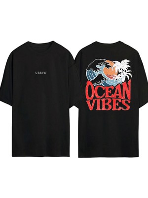Urbvn Ocean Vibes Tasarım Baskılı Siyah Oversize T Shirt