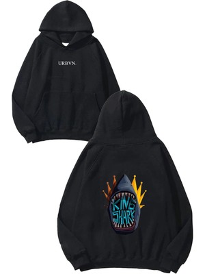 Urbvn King Shark Tasarım Baskılı Oversize Siyah Kapüşonlu Sweatshirt