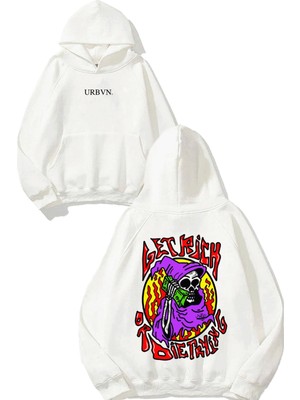 Urbvn Get Rich Tasarım Baskılı Oversize Beyaz Kapüşonlu Sweatshirt