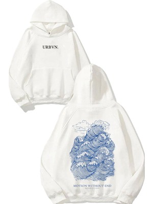 Urbvn Ocean Tasarım Baskılı Oversize Beyaz Kapüşonlu Sweatshirt