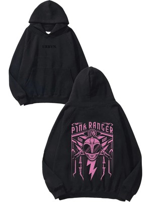 Urbvn Pink Ranger Tasarım Baskılı Oversize Siyah Kapüşonlu Sweatshirt