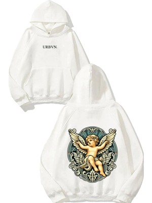 Urbvn Angel Baby Wings Tasarım Baskılı Oversize Beyaz Kapüşonlu Sweatshirt