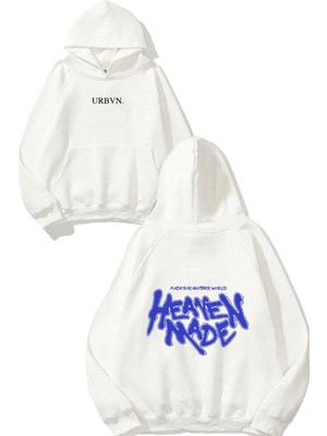 Urbvn Heaven Made Tasarım Baskılı Oversize Beyaz Kapüşonlu Sweatshirt