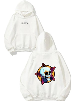Urbvn Star Kurukafa Tasarım Baskılı Oversize Beyaz Kapüşonlu Sweatshirt