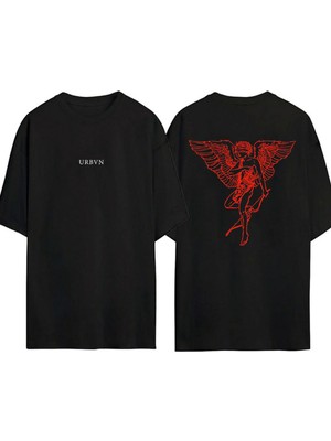 Urbvn Red Angels Tasarım Baskılı Siyah Oversize T Shirt