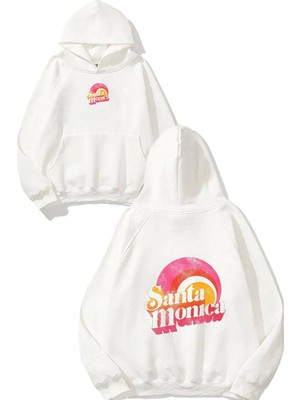 Urbvn Santa Monica Tasarım Baskılı Oversize Beyaz Kapüşonlu Sweatshirt