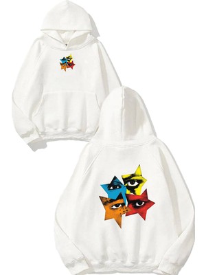 Urbvn Star 3 Tasarım Baskılı Oversize Beyaz Kapüşonlu Sweatshirt