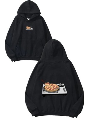 Urbvn Pizza Plak Tasarım Baskılı Oversize Siyah Kapüşonlu Sweatshirt