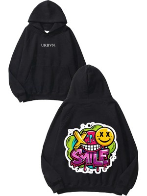 Urbvn Smile Spray Tasarım Baskılı Oversize Siyah Kapüşonlu Sweatshirt
