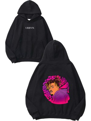 Urbvn Wrld Rapper Tasarım Baskılı Oversize Siyah Kapüşonlu Sweatshirt
