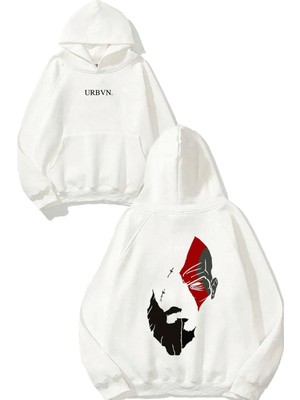 Urbvn Savaşçı Gölge Tasarım Baskılı Oversize Beyaz Kapüşonlu Sweatshirt