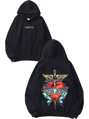 Urbvn Bon Jovi Heart Tasarım Baskılı Oversize Siyah Kapüşonlu Sweatshirt