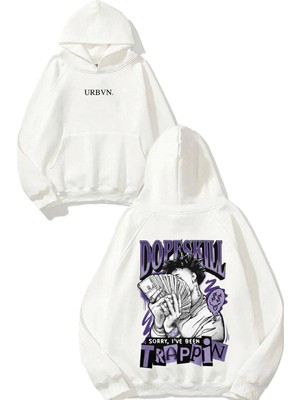 Urbvn Trappin Tasarım Baskılı Oversize Beyaz Kapüşonlu Sweatshirt
