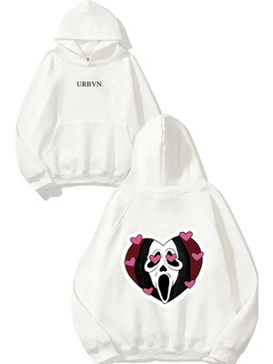 Urbvn Horror Love Tasarım Baskılı Oversize Beyaz Kapüşonlu Sweatshirt