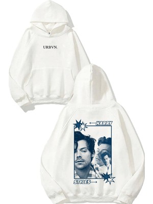 Urbvn Harry Styles Tasarım Baskılı Oversize Beyaz Kapüşonlu Sweatshirt