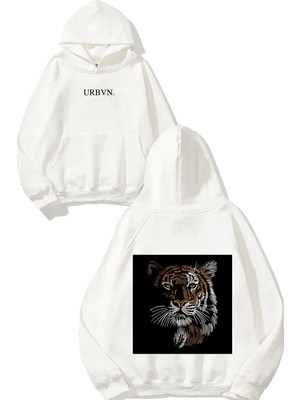 Urbvn Lion Face Tasarım Baskılı Oversize Beyaz Kapüşonlu Sweatshirt