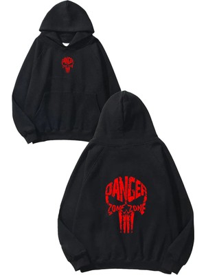 Urbvn Danger Skull Tasarım Baskılı Oversize Siyah Kapüşonlu Sweatshirt