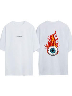 Urbvn Fire Eyes Tasarım Baskılı Beyaz Oversize T-Shirt