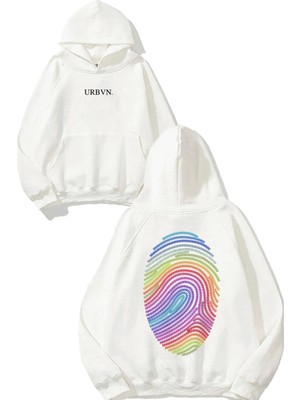 Urbvn Fingerprint Tasarım Baskılı Oversize Beyaz Kapüşonlu Sweatshirt