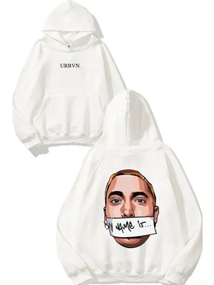 Urbvn Name Eminem Tasarım Baskılı Oversize Beyaz Kapüşonlu Sweatshirt
