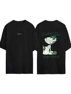 Urbvn Cocktail Club Tasarım Baskılı Siyah Oversize T Shirt