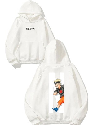 Urbvn Anime N Tasarım Baskılı Oversize Beyaz Kapüşonlu Sweatshirt