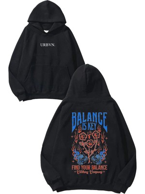 Urbvn Balance Is Key Tasarım Baskılı Oversize Siyah Kapüşonlu Sweatshirt