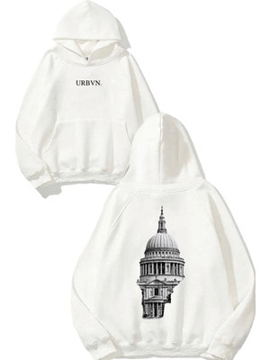 Urbvn Kubbe Tasarım Baskılı Oversize Beyaz Kapüşonlu Sweatshirt