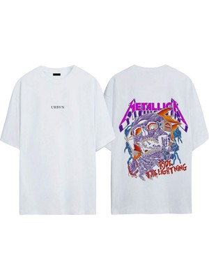 Urbvn Metallica Ride Tasarım Baskılı Beyaz Oversize T-Shirt