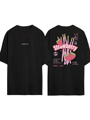 Urbvn Strawberry 3 Tasarım Baskılı Siyah Oversize T Shirt