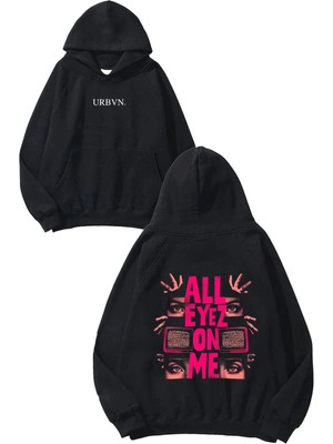 Urbvn Eyez On Tasarım Baskılı Oversize Siyah Kapüşonlu Sweatshirt